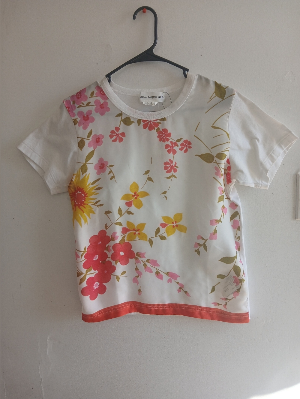 Comme des Garcons White Floral Tee with Pink, Yellow & Olive Accents